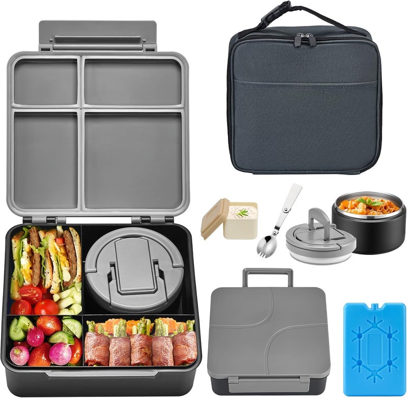 BABHAMNESS Bento Lunch Box with 8oz Soup Thermo,Kids Leakproof 4 Compartment Lunch Food Containers with Sauce Cup and Ice Pack,Kids Thermo Insulated Hot Food Jar and Lunch Bag for School,Trvael-Black - Image 1